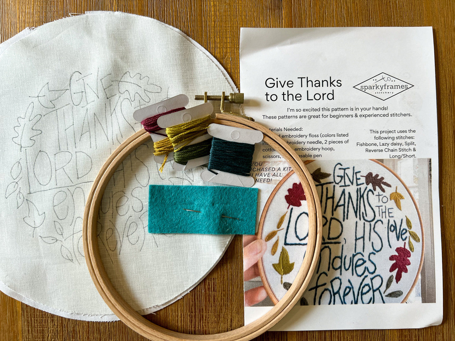 DIY Hand Embroidery FULL kit | Give Thanks to the Lord His Love Endures | Fabric Beechwood Hoop Floss Needle | Beginner Friendly | Gift
