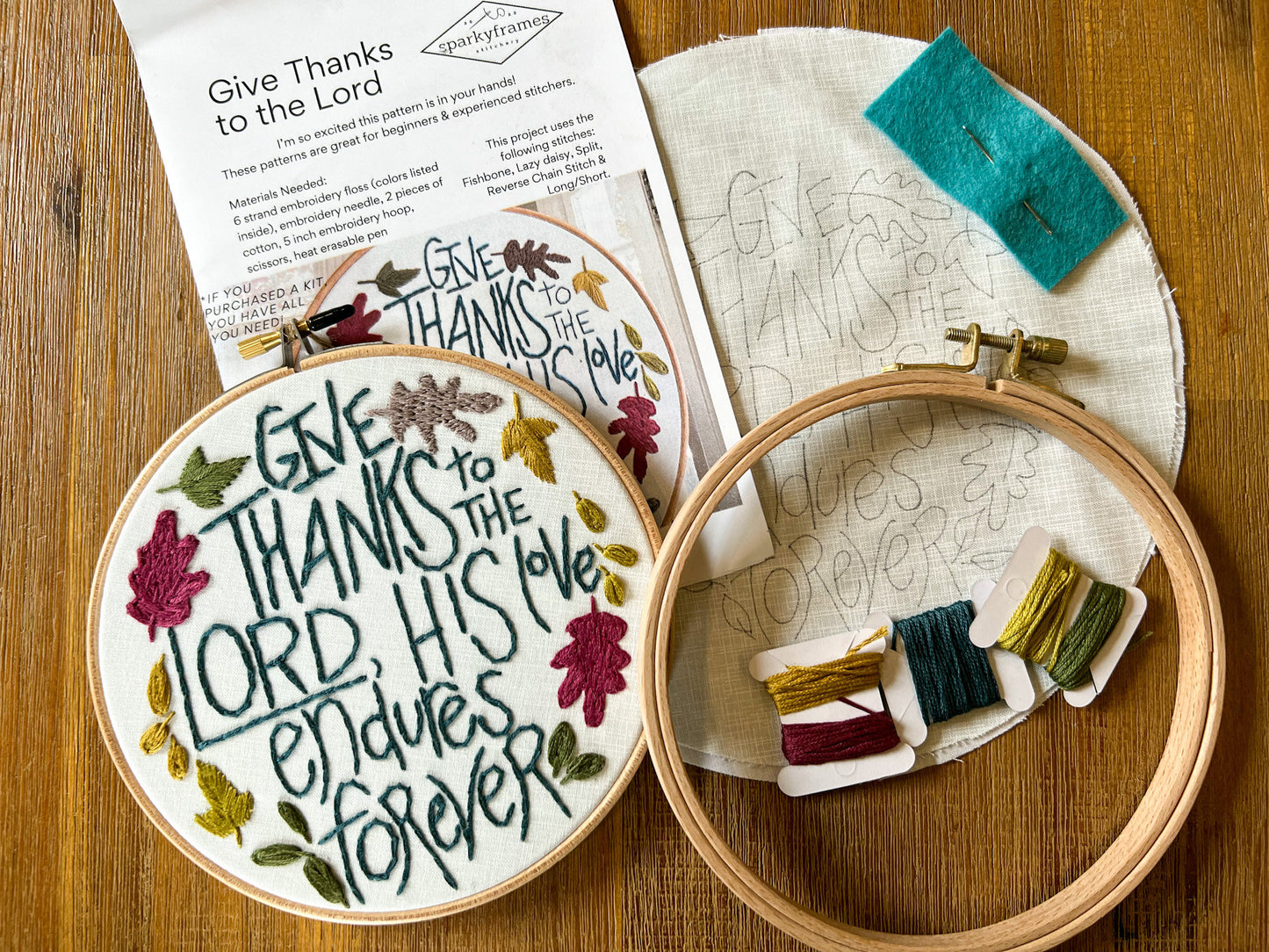 DIY Hand Embroidery FULL kit | Give Thanks to the Lord His Love Endures | Fabric Beechwood Hoop Floss Needle | Beginner Friendly | Gift