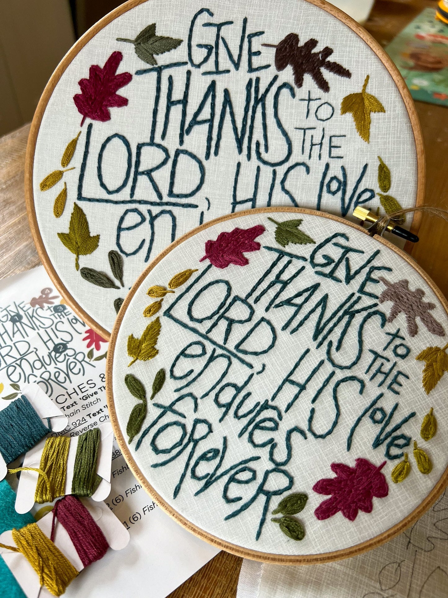 DIY Hand Embroidery FULL kit | Give Thanks to the Lord His Love Endures | Fabric Beechwood Hoop Floss Needle | Beginner Friendly | Gift