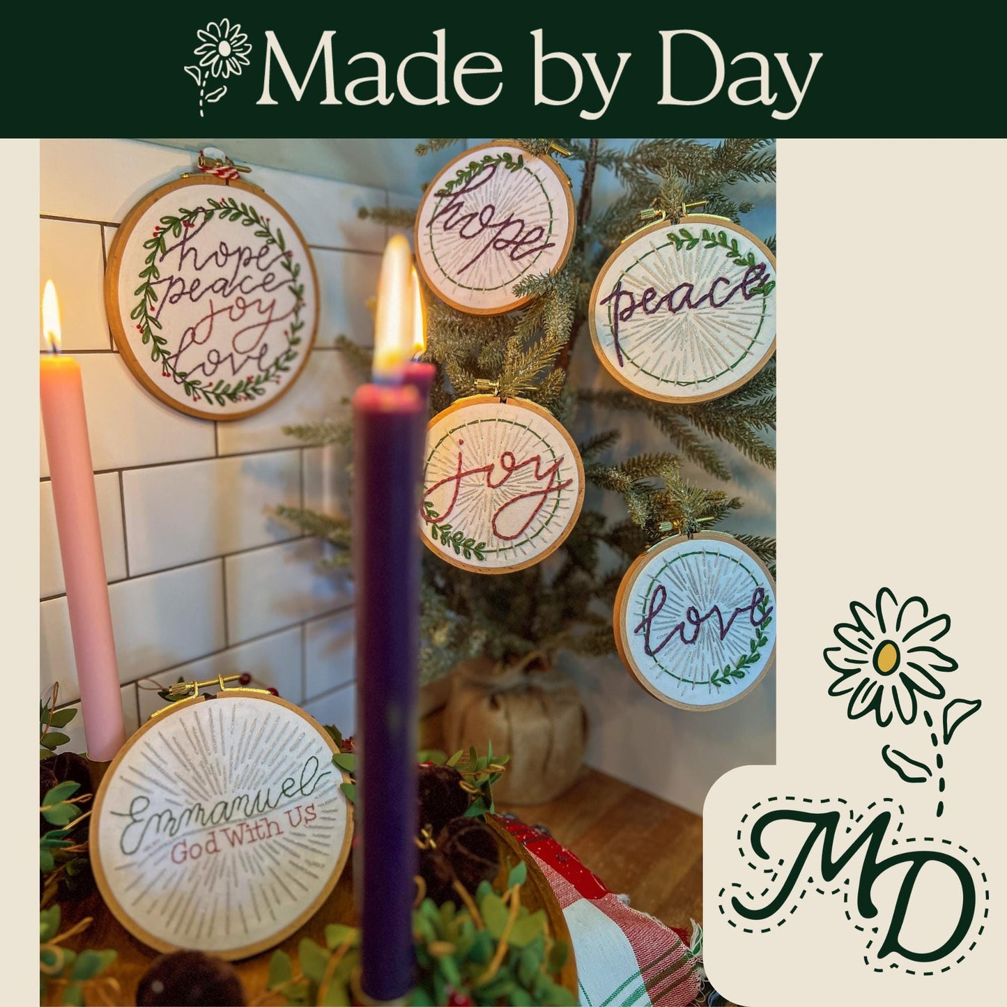 Advent Wreath | Hand Embroidery Kit with 4 Hoops | DIY Christmas Craft for Beginners | Mindful Advent Project | Mental Health Break