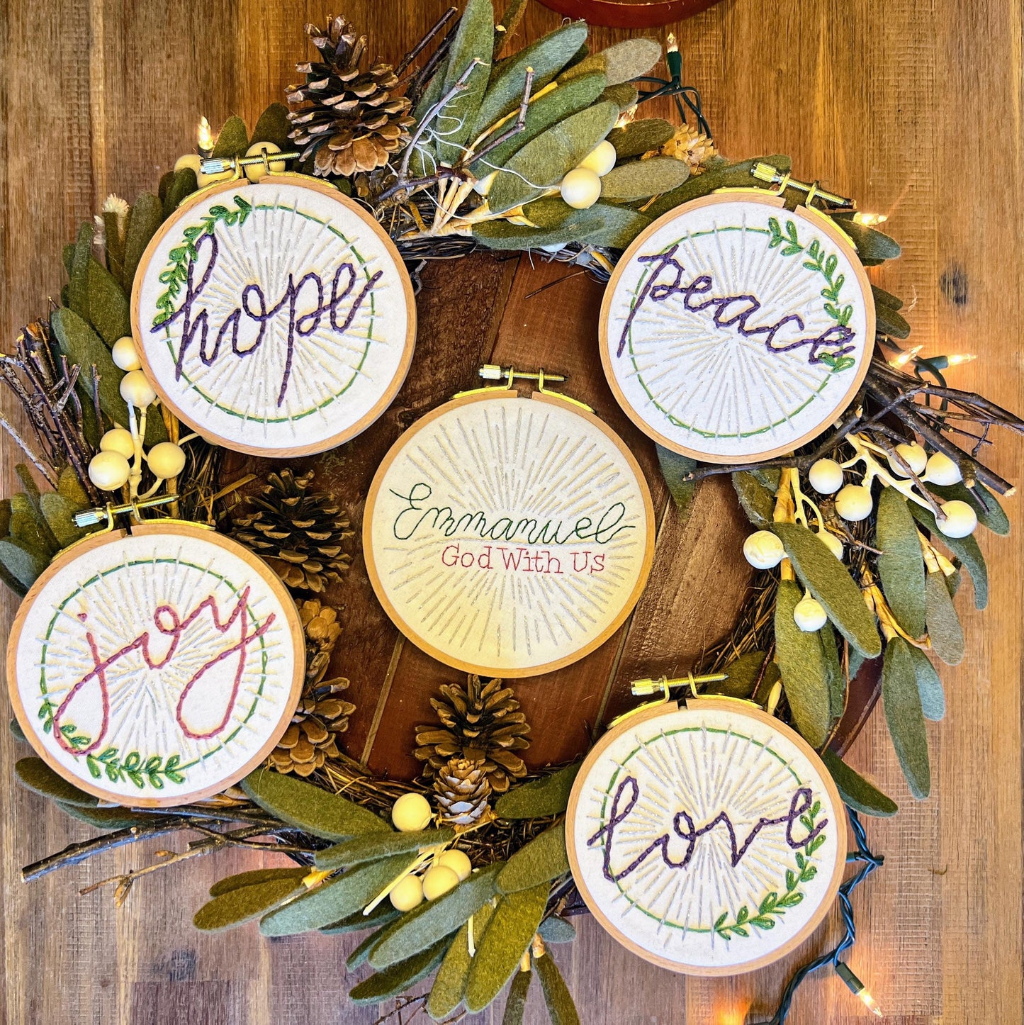 Complete Advent Wreath Embroidery PDF Patterns - Instant Download for 4 Advent Ornament Hoops, with Bonus 5th Candle & 6-Inch Wreath