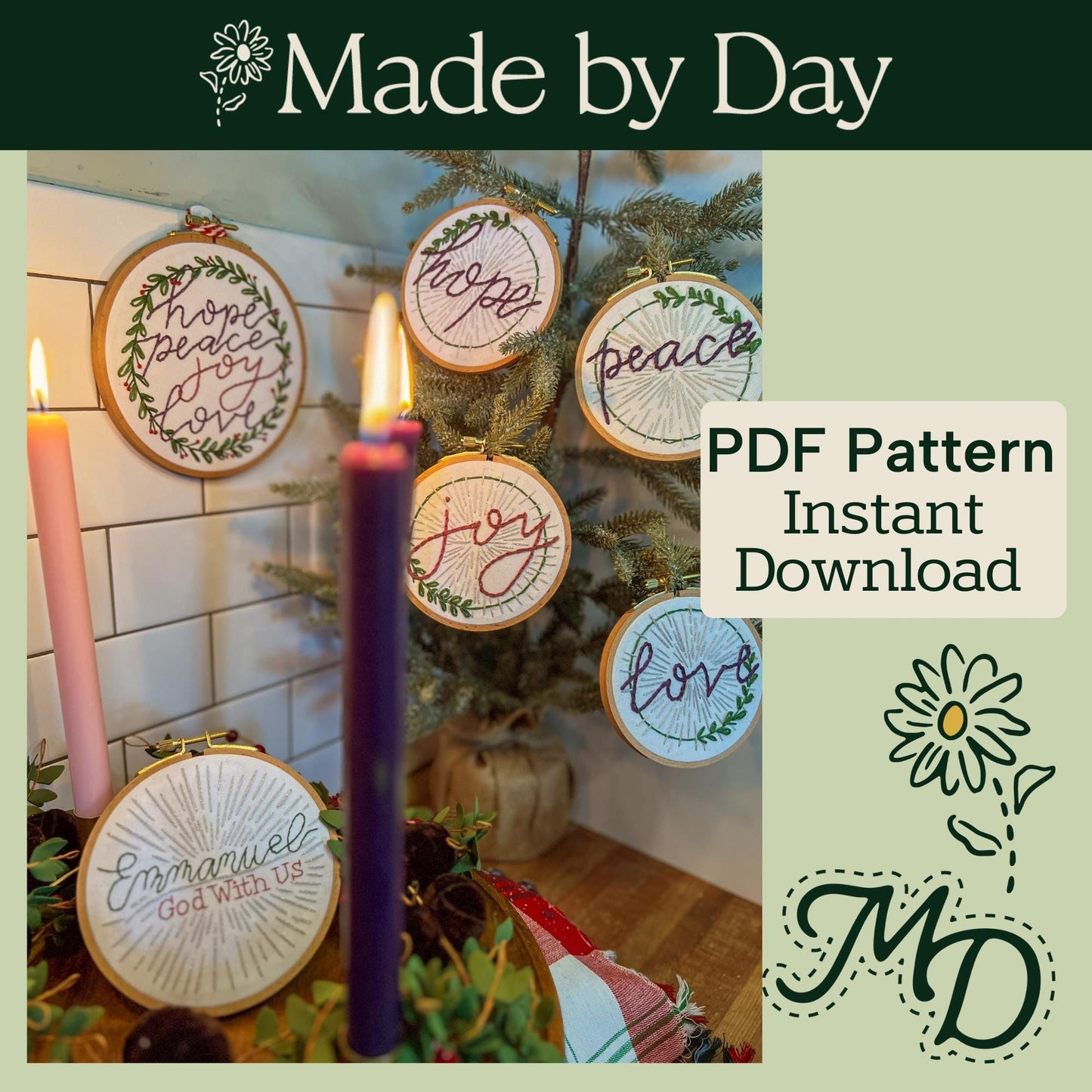 Complete Advent Wreath Embroidery PDF Patterns - Instant Download for 4 Advent Ornament Hoops, with Bonus 5th Candle & 6-Inch Wreath